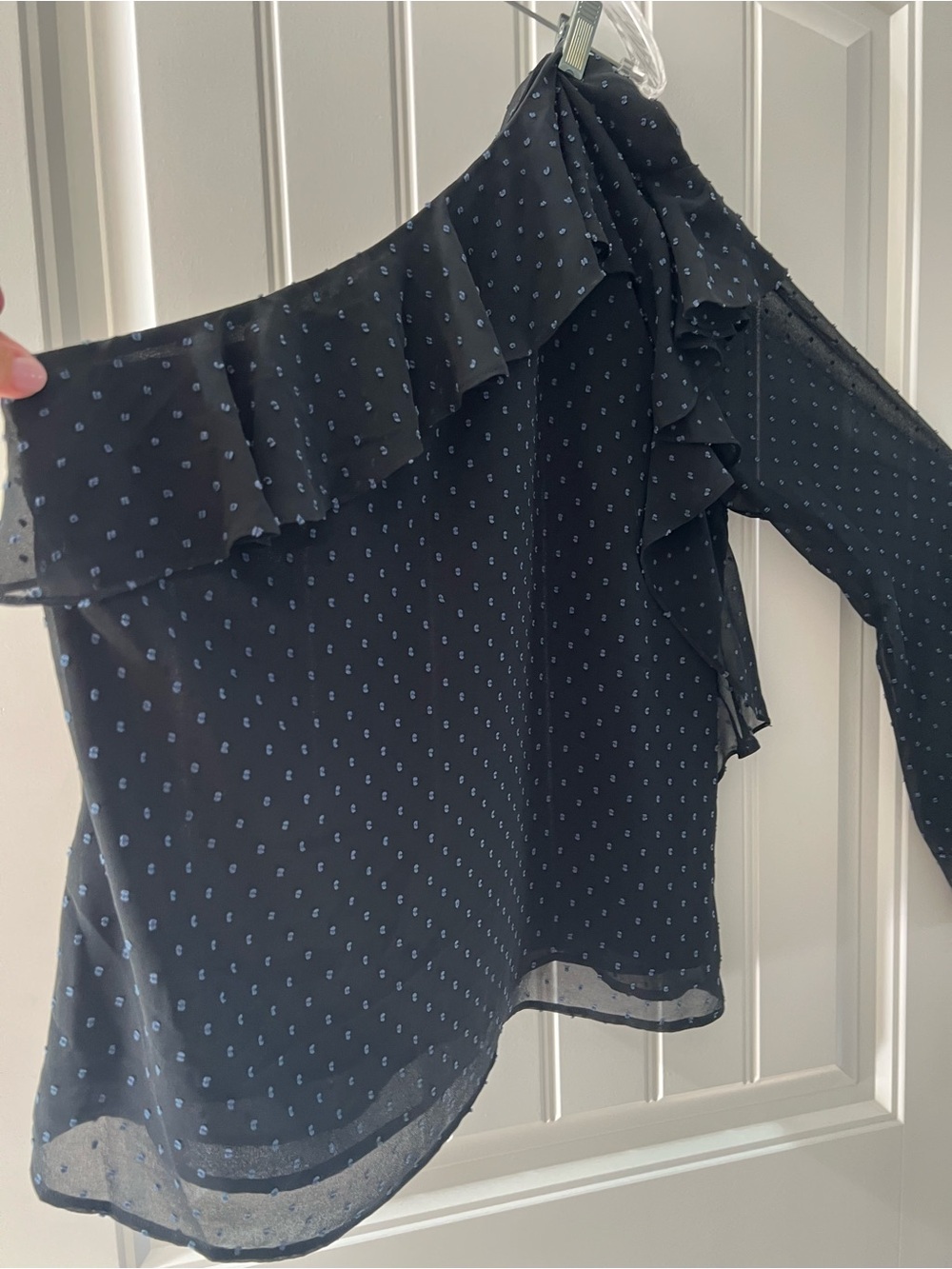 Avec Les Filles Black One-Shoulder Ruffle Top with Light Blue Dots